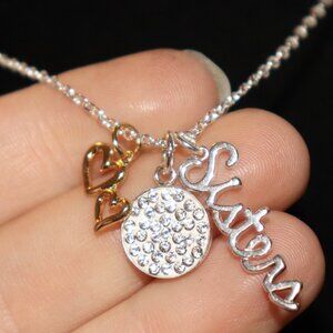 Beautiful silver "sisters" rhinestone, heart necklace 18"